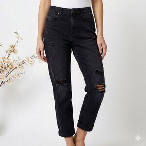 Parisian Black Ripped Boyfriend Jeans High-Rise Distressed Denim